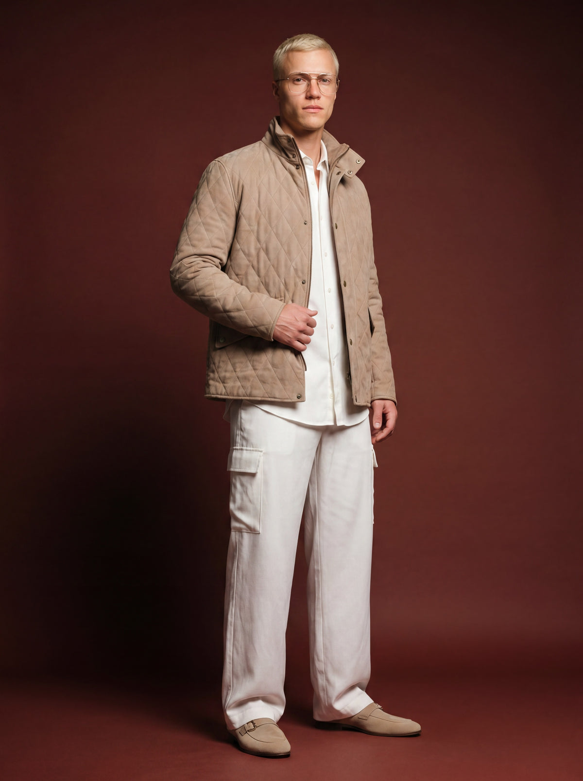 Devon Men's Quilted Leather Jacket - Beige - View 5