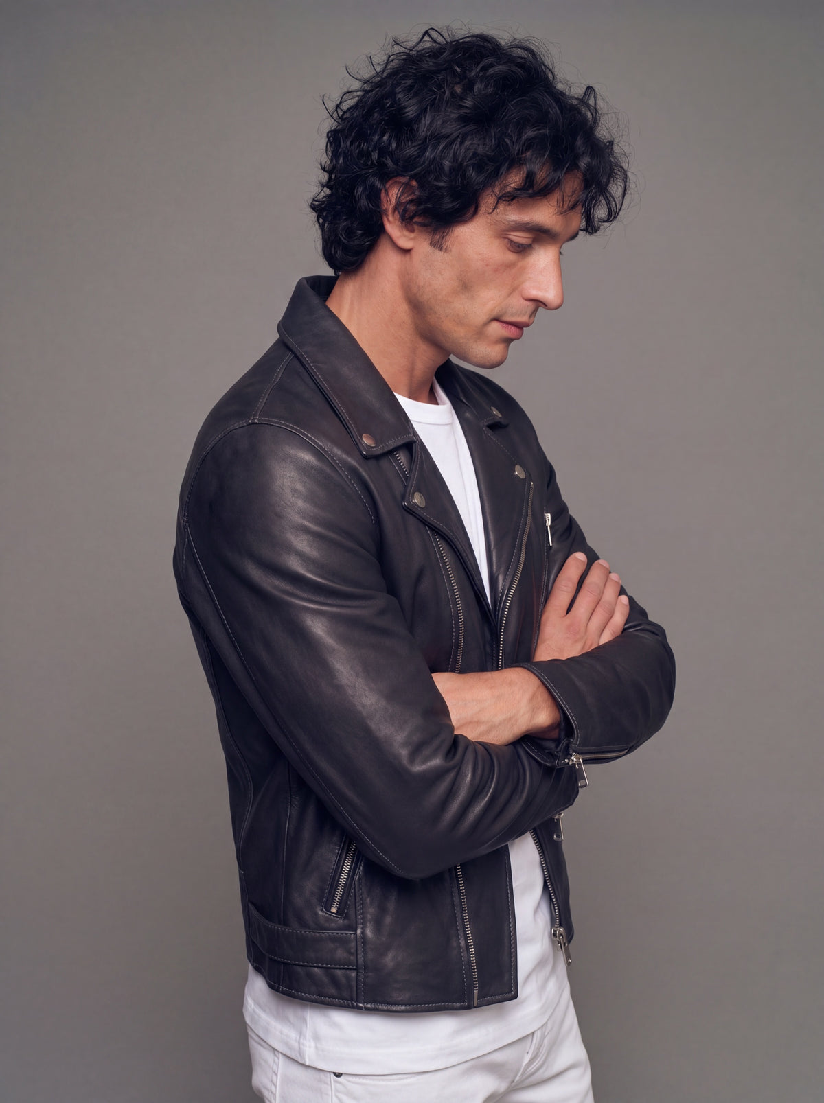 Fuji Men's Biker Leather Jacket - Black - View 4