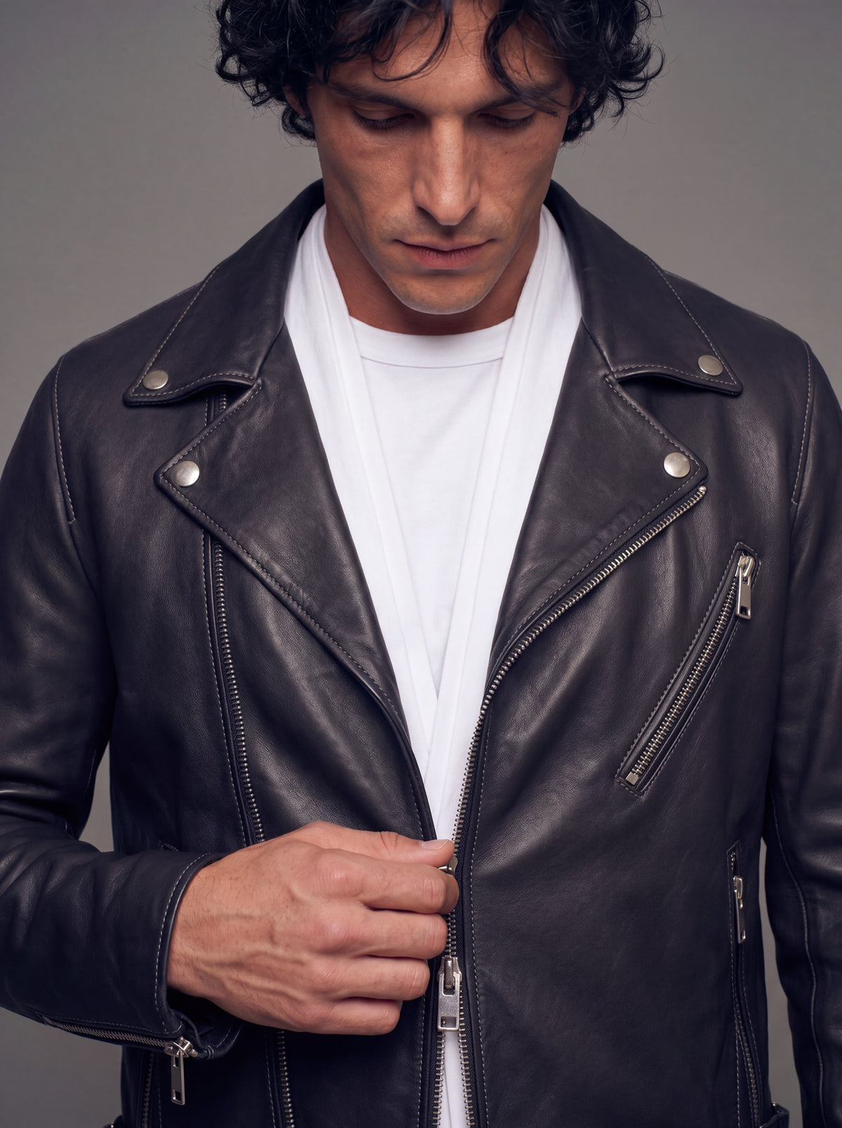 Fuji Men's Biker Leather Jacket - Black - View 5