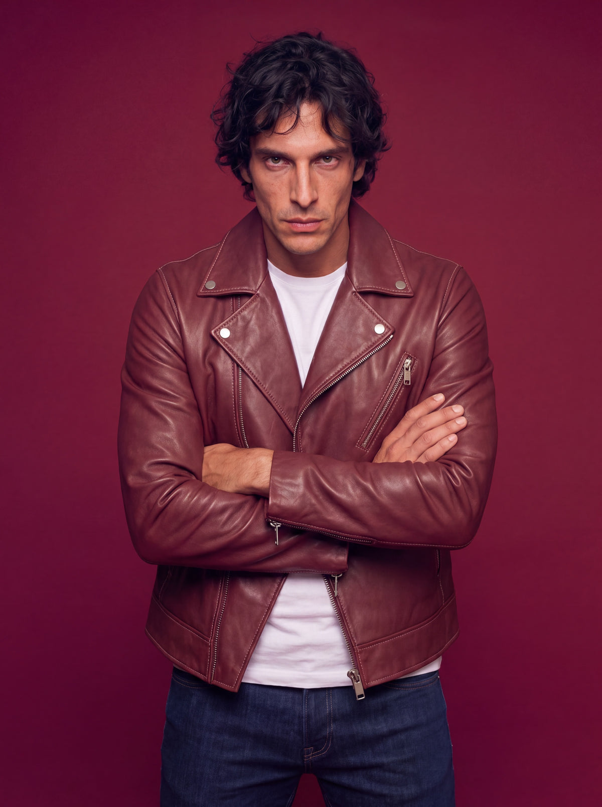 Fuji Men's Biker Leather Jacket - Red - View 3