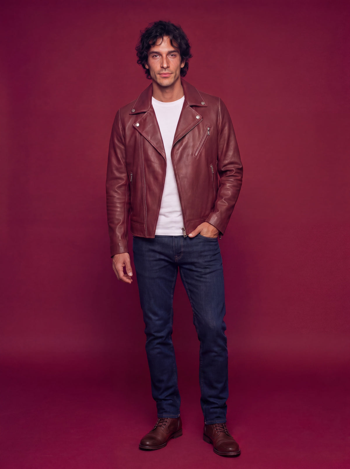 Fuji Men's Biker Leather Jacket - Red - View 4