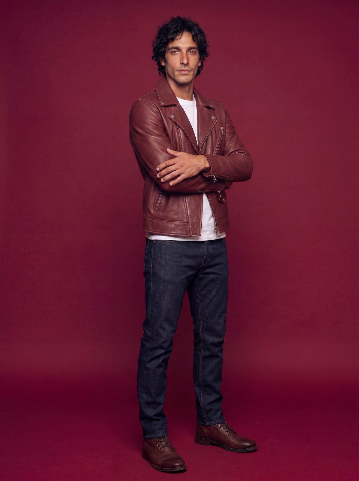 Fuji Men's Biker Leather Jacket - Red - View 5