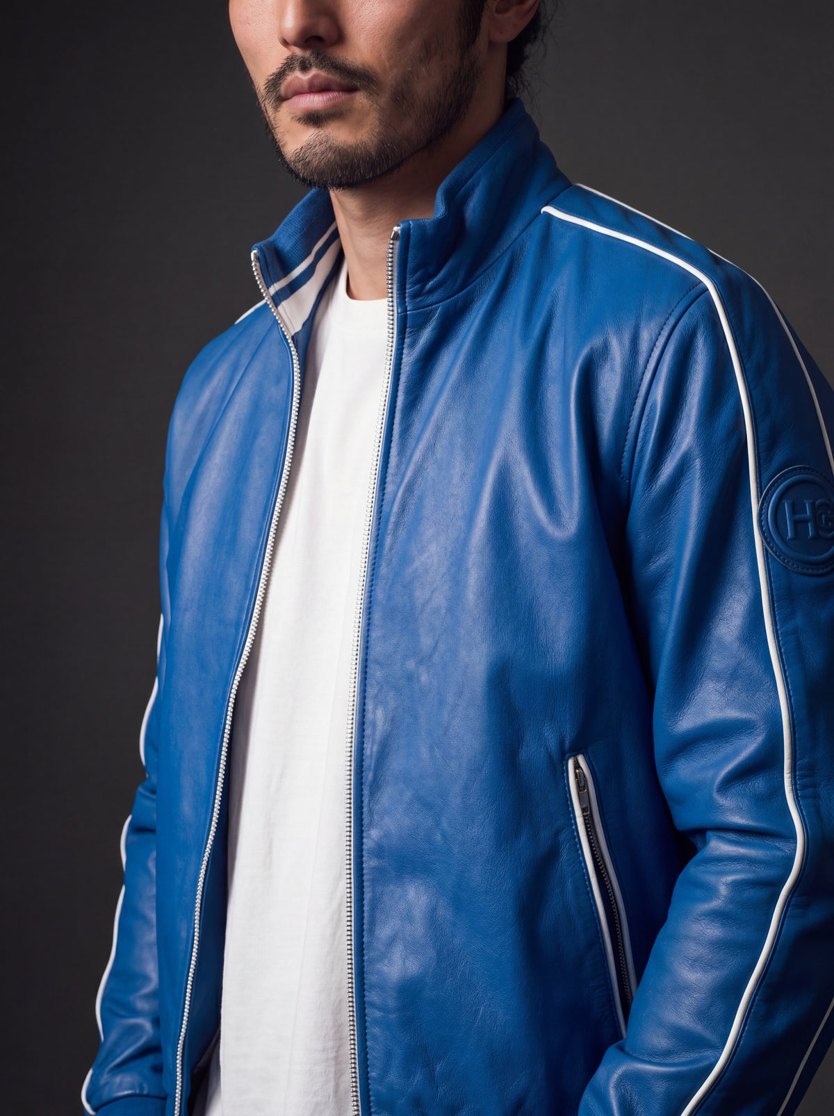 LS Racing Men's Leather Jacket - Blue - View 5