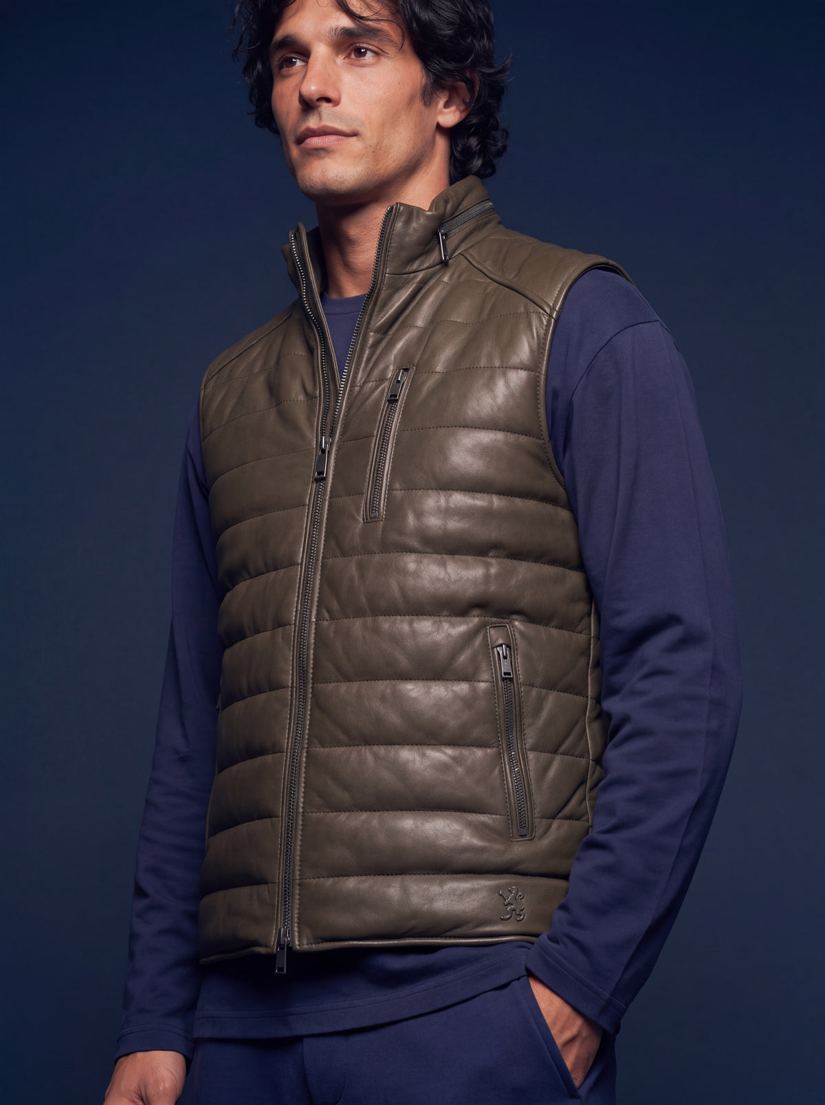Monoposto Men's Down Leather Gilet - Avocado - View 4
