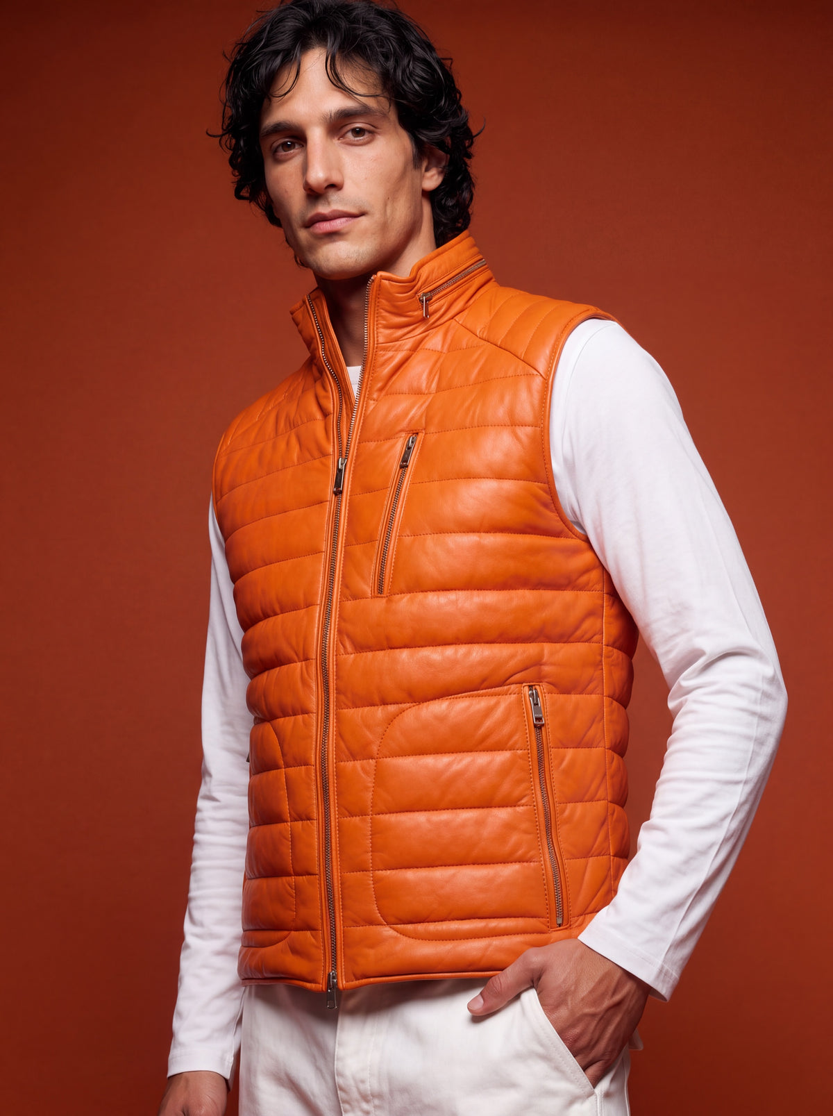 Monoposto Men's Down Leather Gilet - Orange - View 1