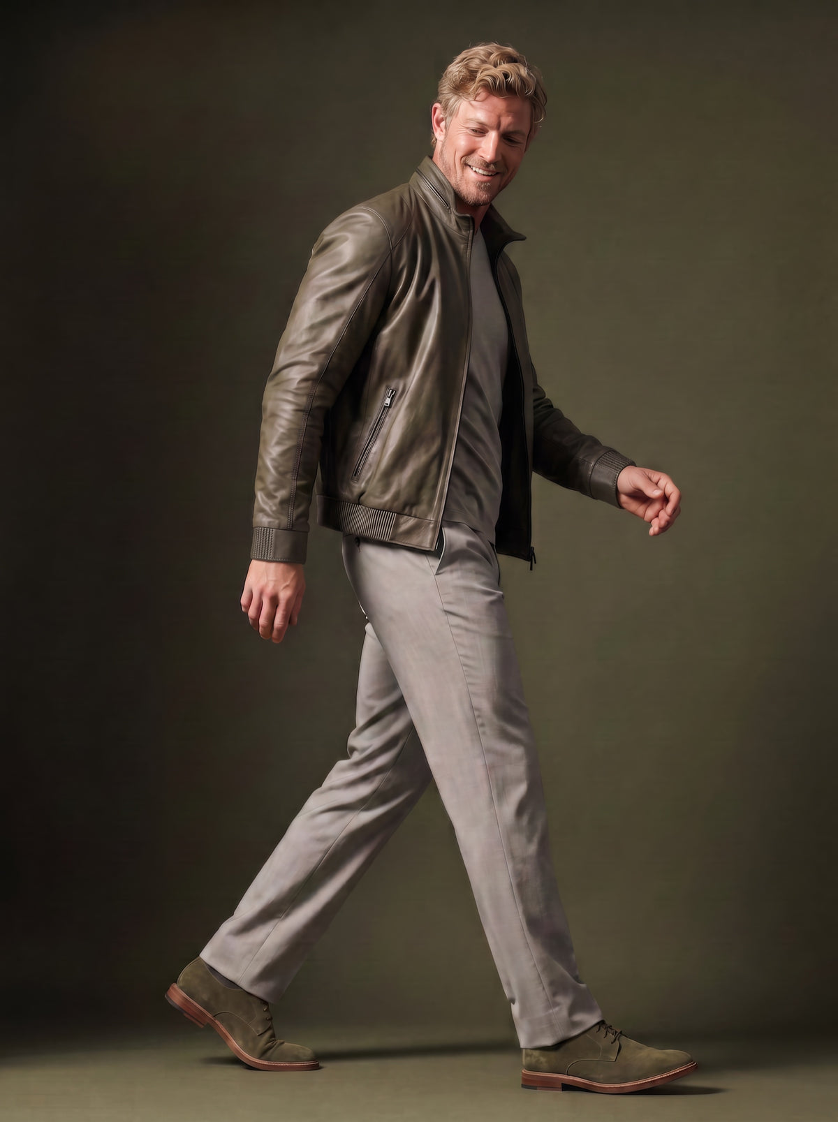 Roadstar Men's Leather Jacket - Avocado - View 2