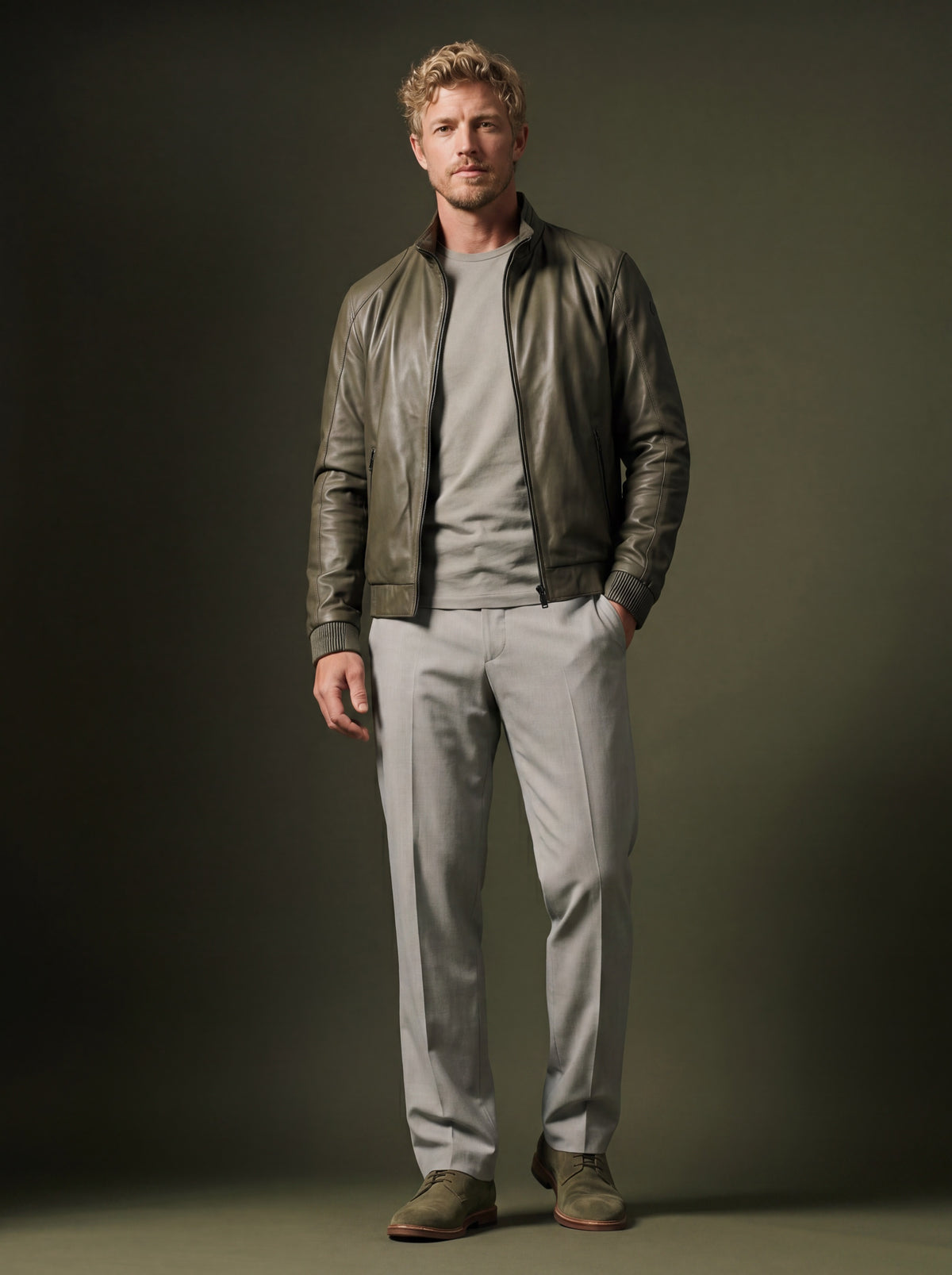 Roadstar Men's Leather Jacket - Avocado - View 3