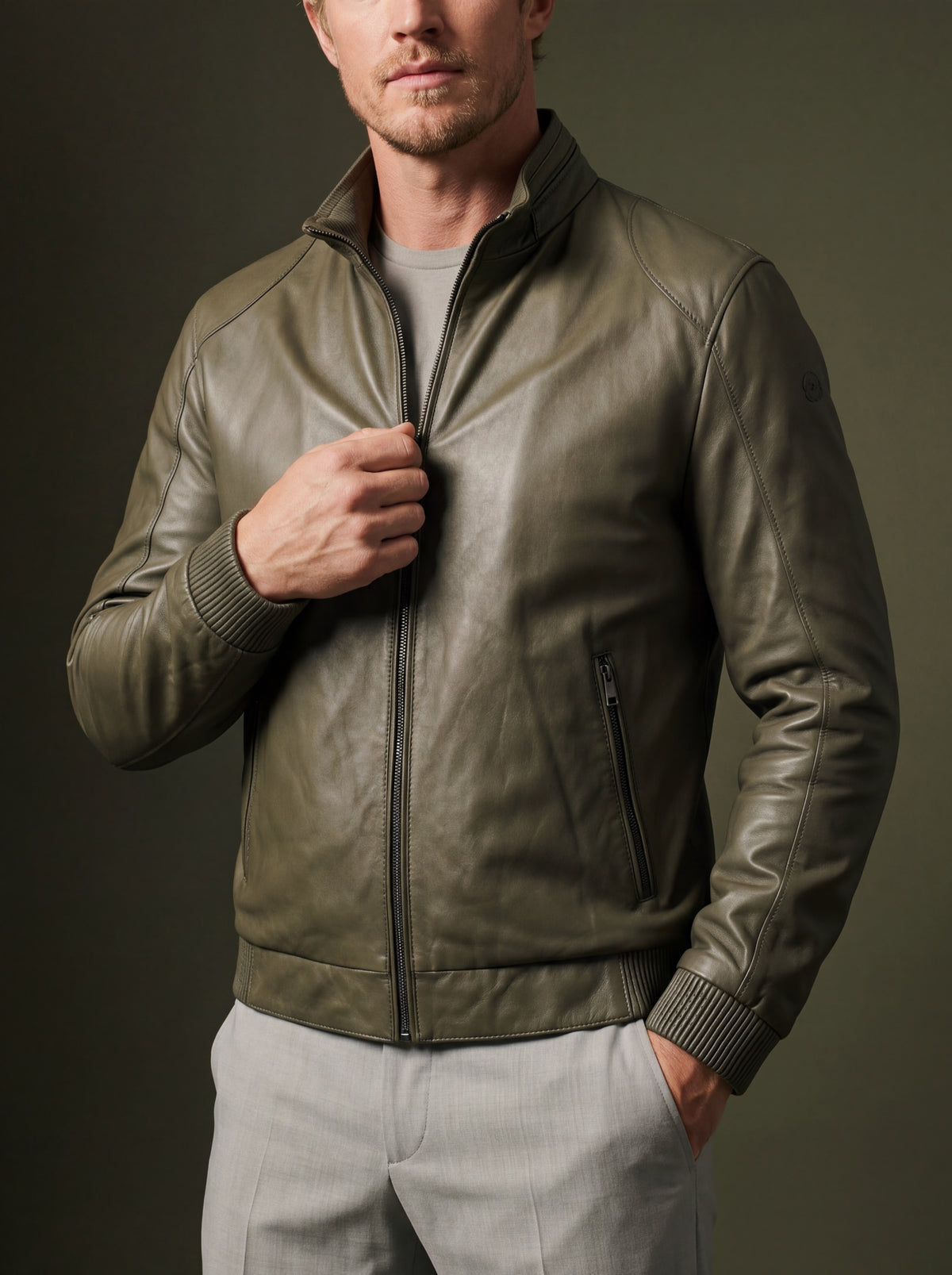 Roadstar Men's Leather Jacket - Avocado - View 4