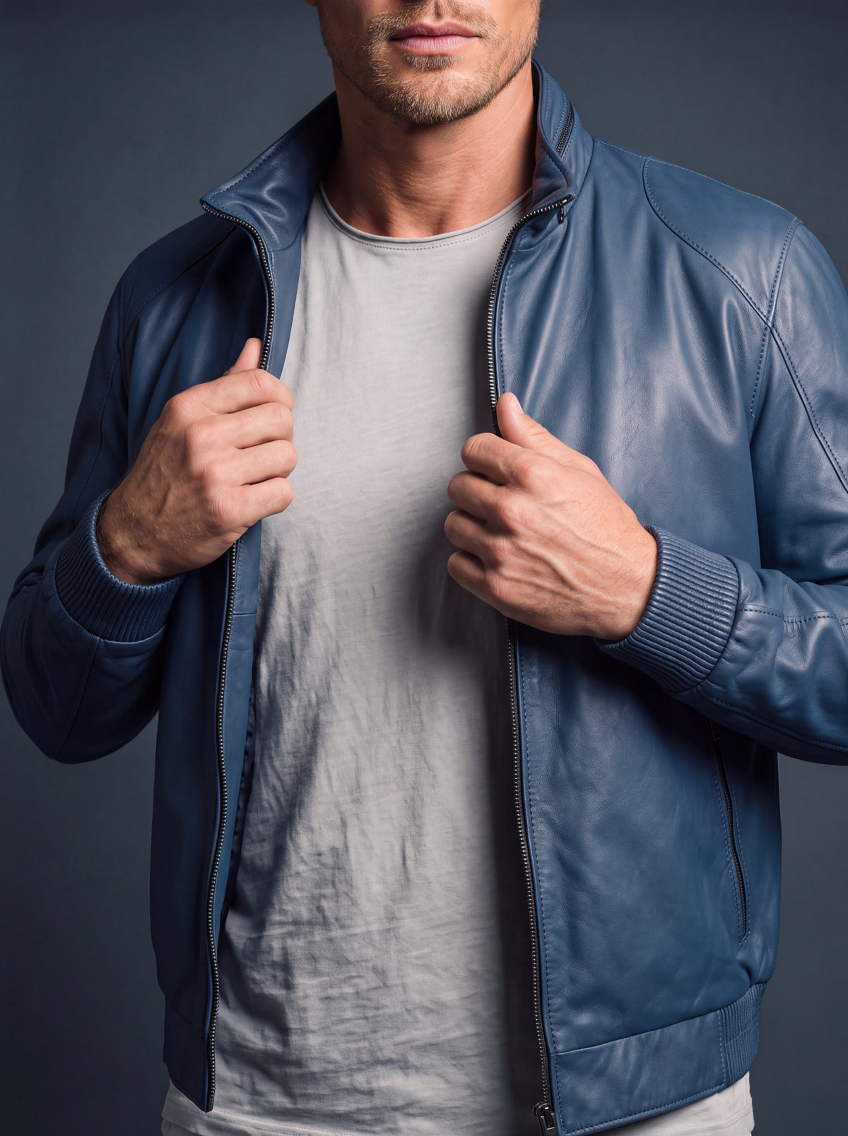 Roadstar Men's Leather Jacket - Blue - View 2