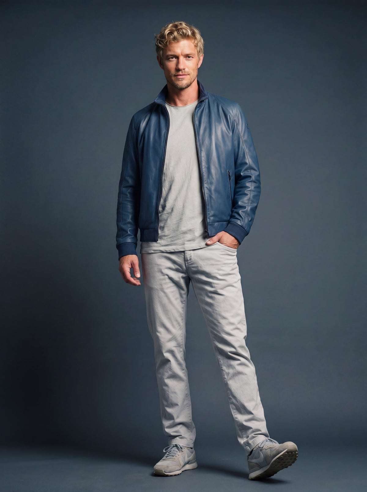 Roadstar Men's Leather Jacket - Blue - View 5