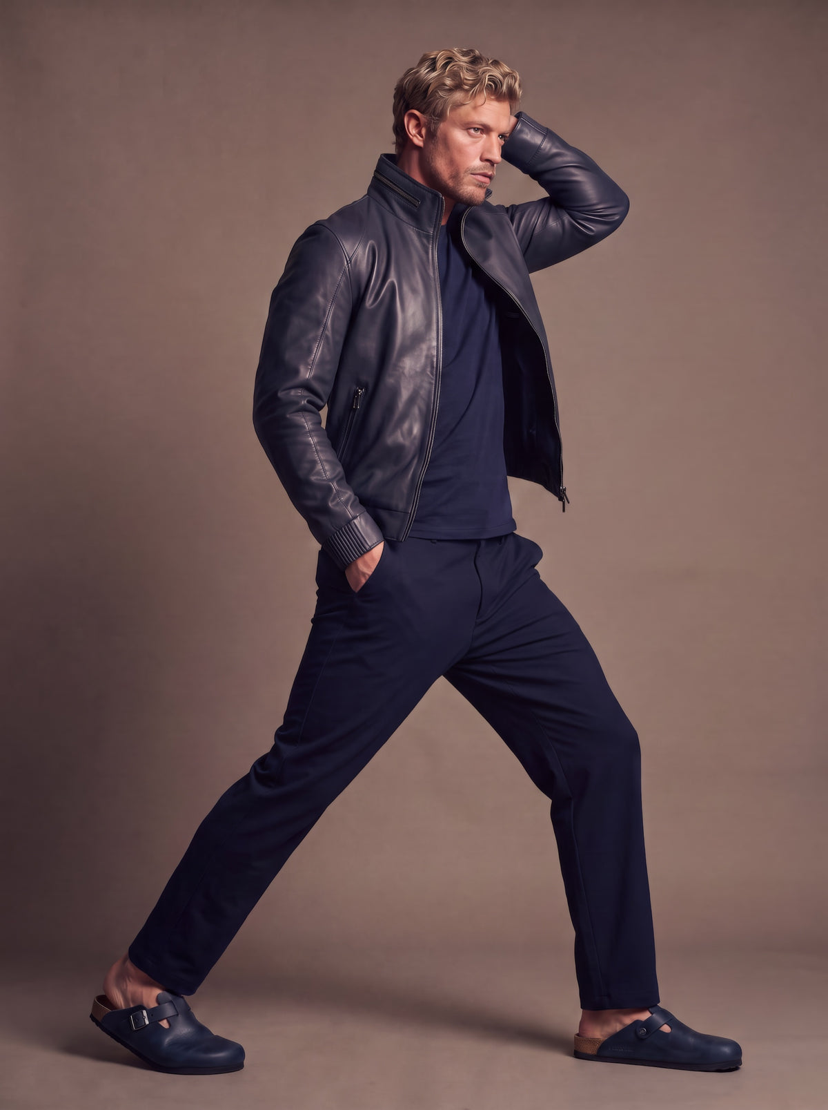 Roadstar Men's Leather Jacket - Navy - View 1