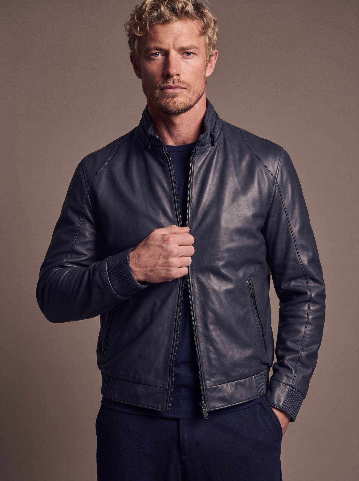 Roadstar Men's Leather Jacket - Navy - View 2