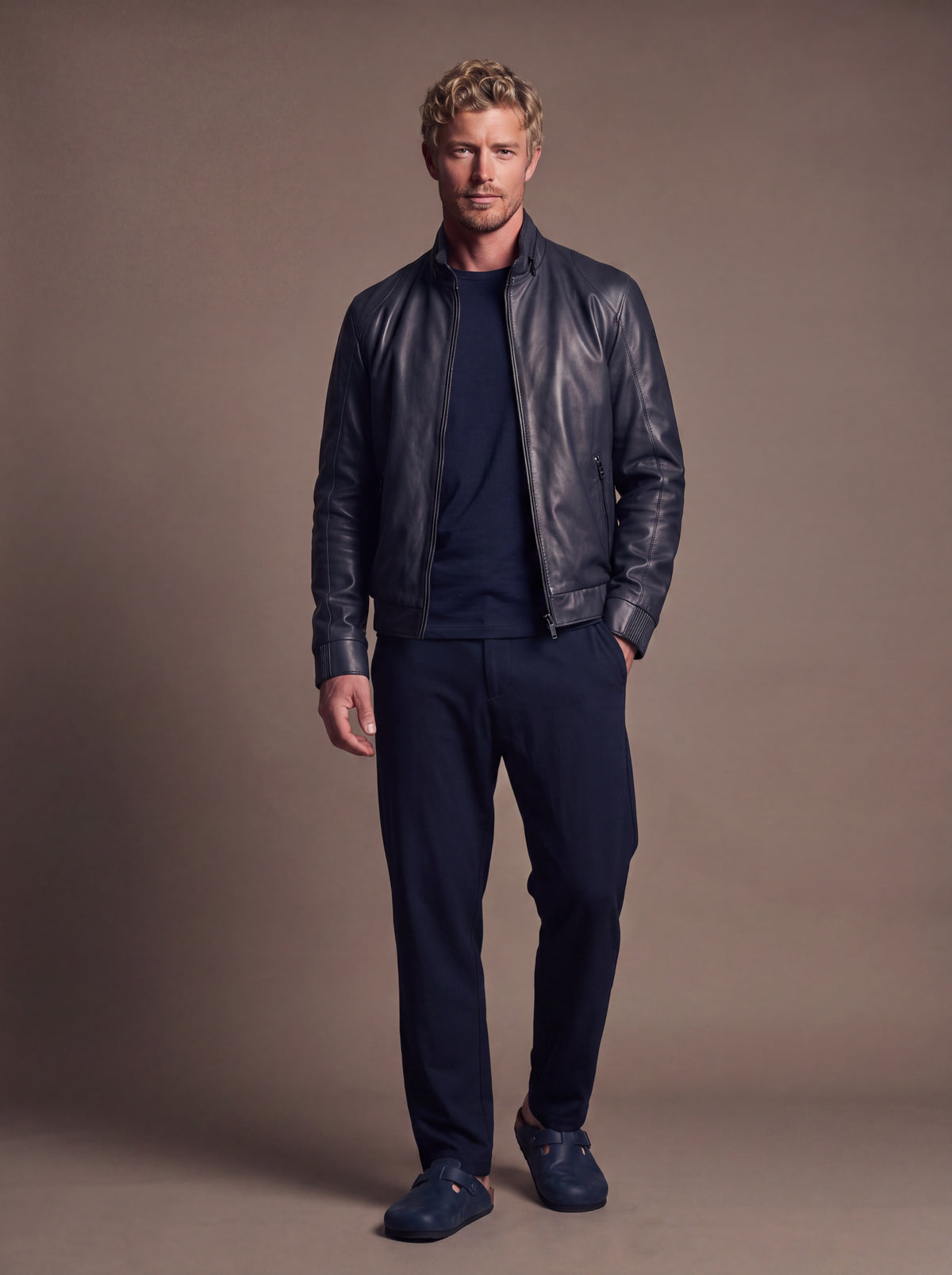 Roadstar Men's Leather Jacket - Navy - View 3
