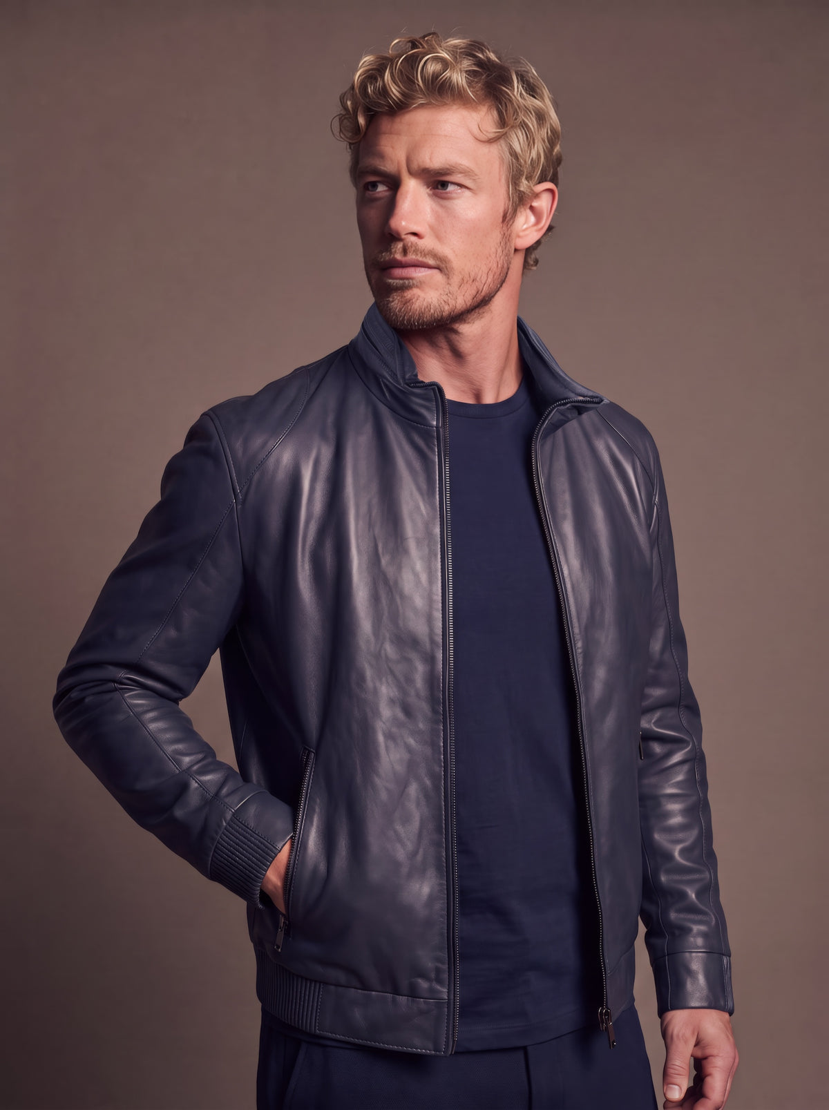 Roadstar Men's Leather Jacket - Navy - View 5