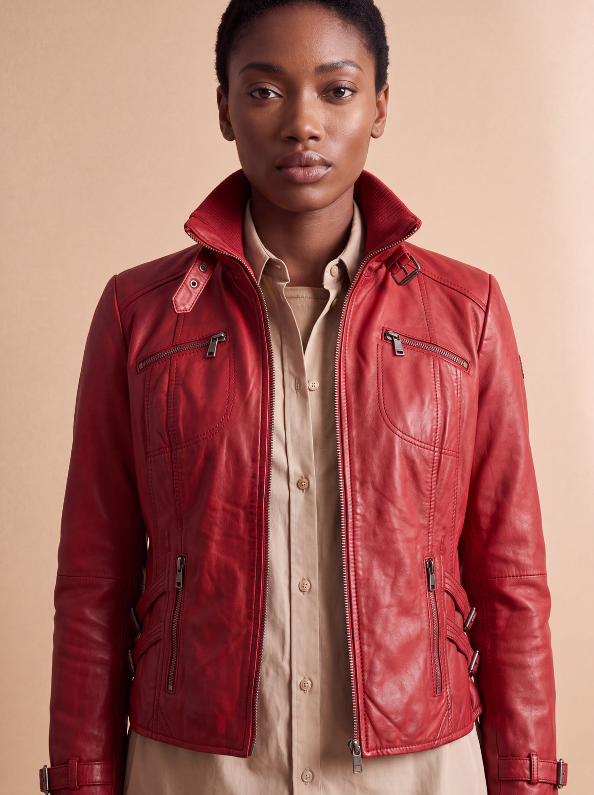 Scarf Women's Leather Jacket - View 3