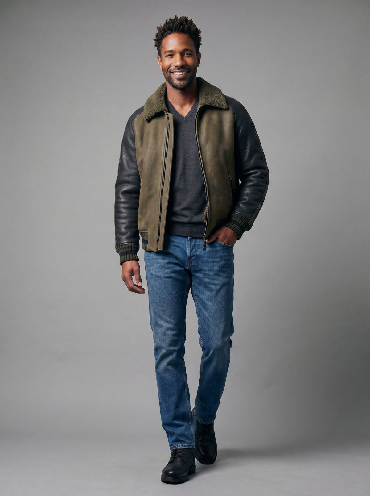 Silvretta Men's Shearling Jacket - Olive Black - View 1