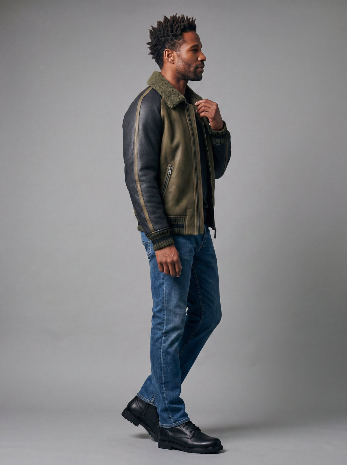 Silvretta Men's Shearling Jacket - Olive Black - View 3