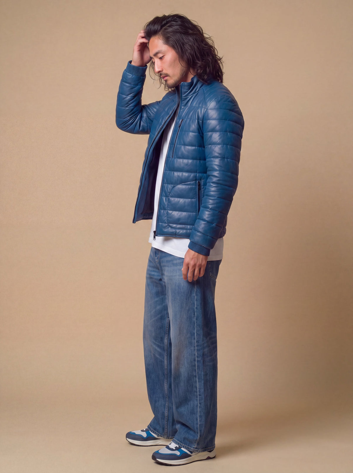 Speedster Men's Down Leather Jacket - Blue - View 7
