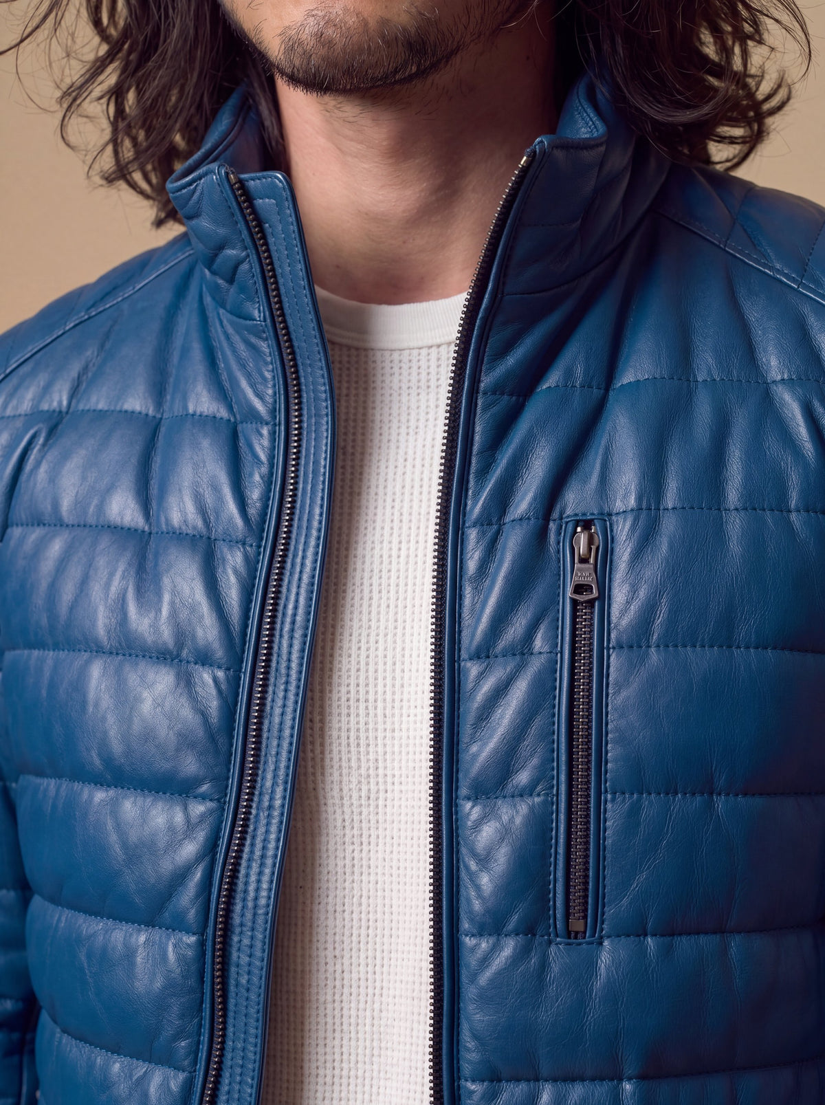 Speedster Men's Down Leather Jacket - Blue - View 11