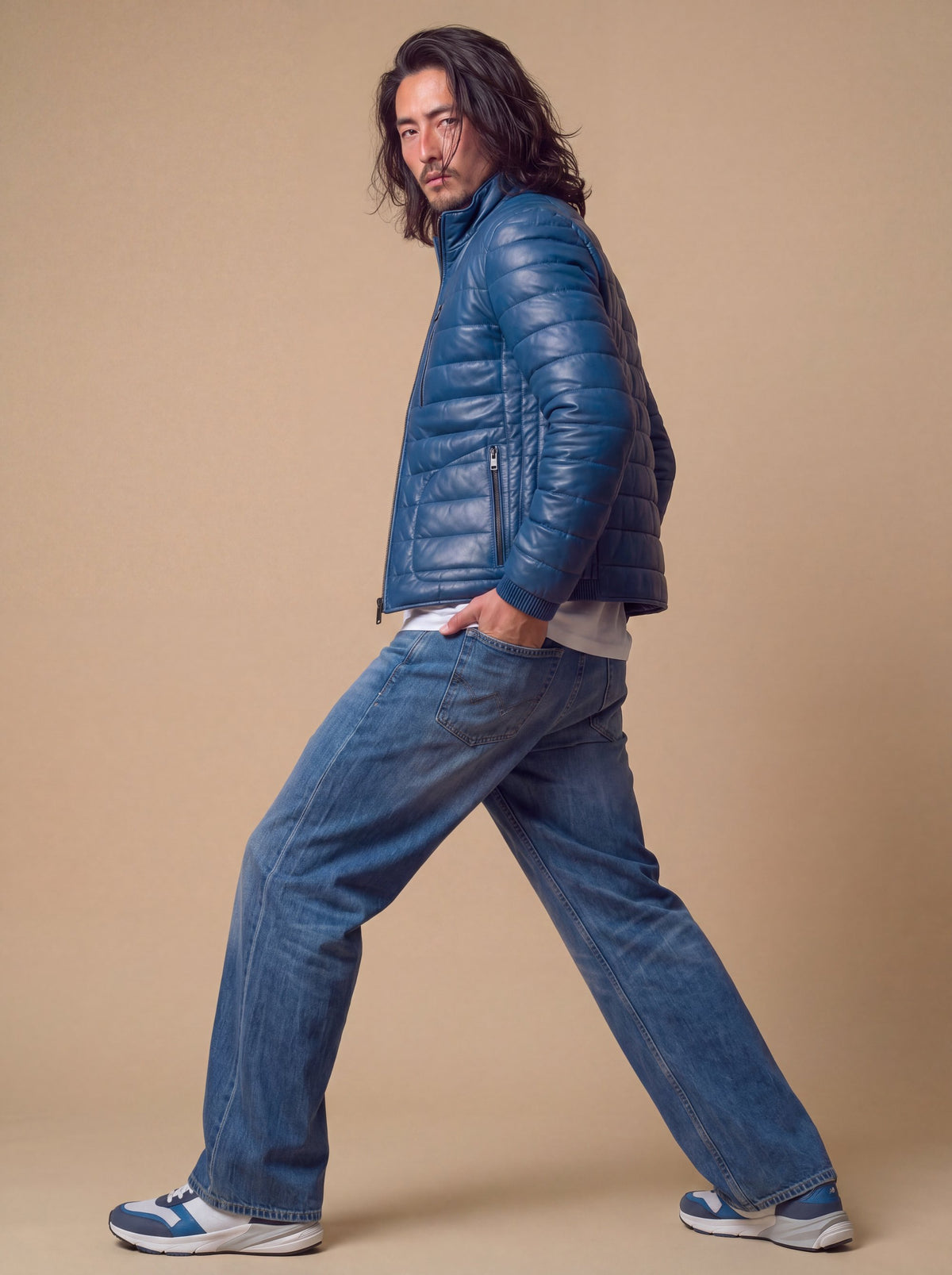 Speedster Men's Down Leather Jacket - Blue - View 15