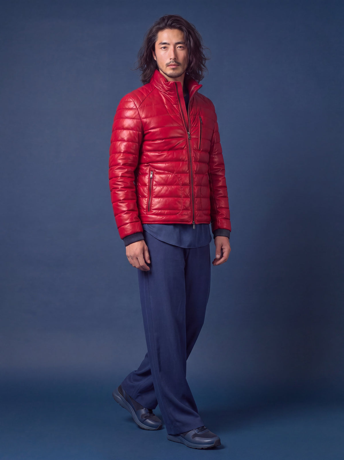 Speedster Men's Down Leather Jacket - Red - View 2