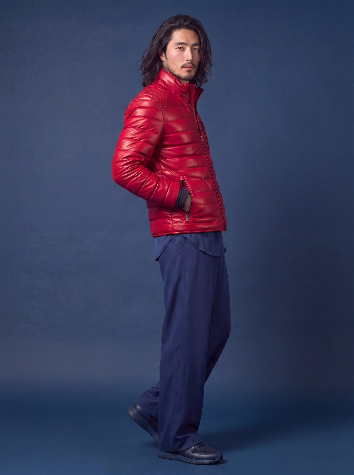 Speedster Men's Down Leather Jacket - Red - View 3