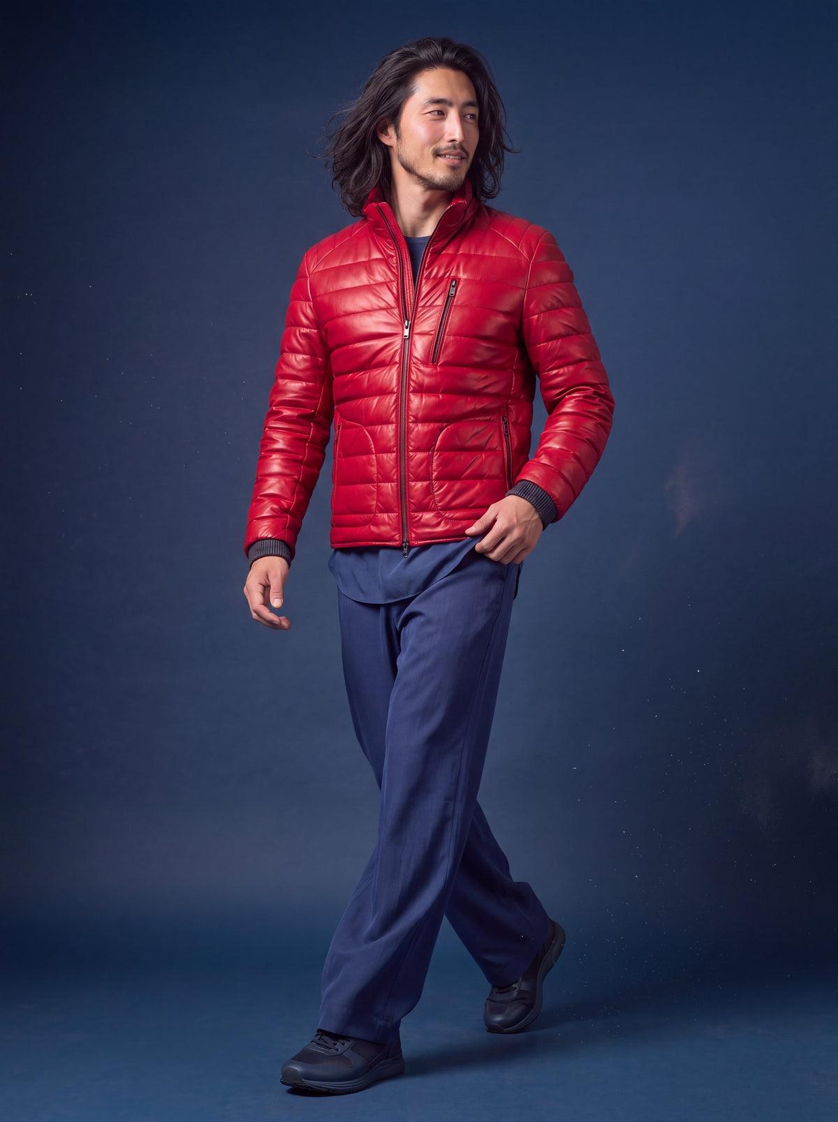 Speedster Men's Down Leather Jacket - Red - View 6