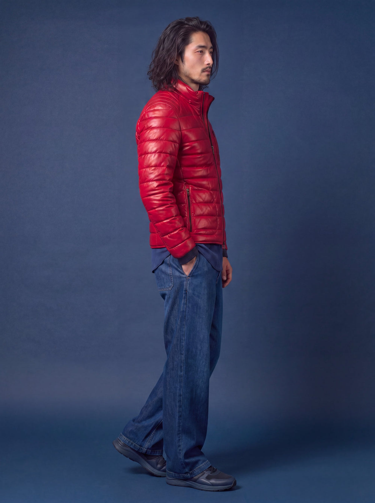Speedster Men's Down Leather Jacket - Red - View 17