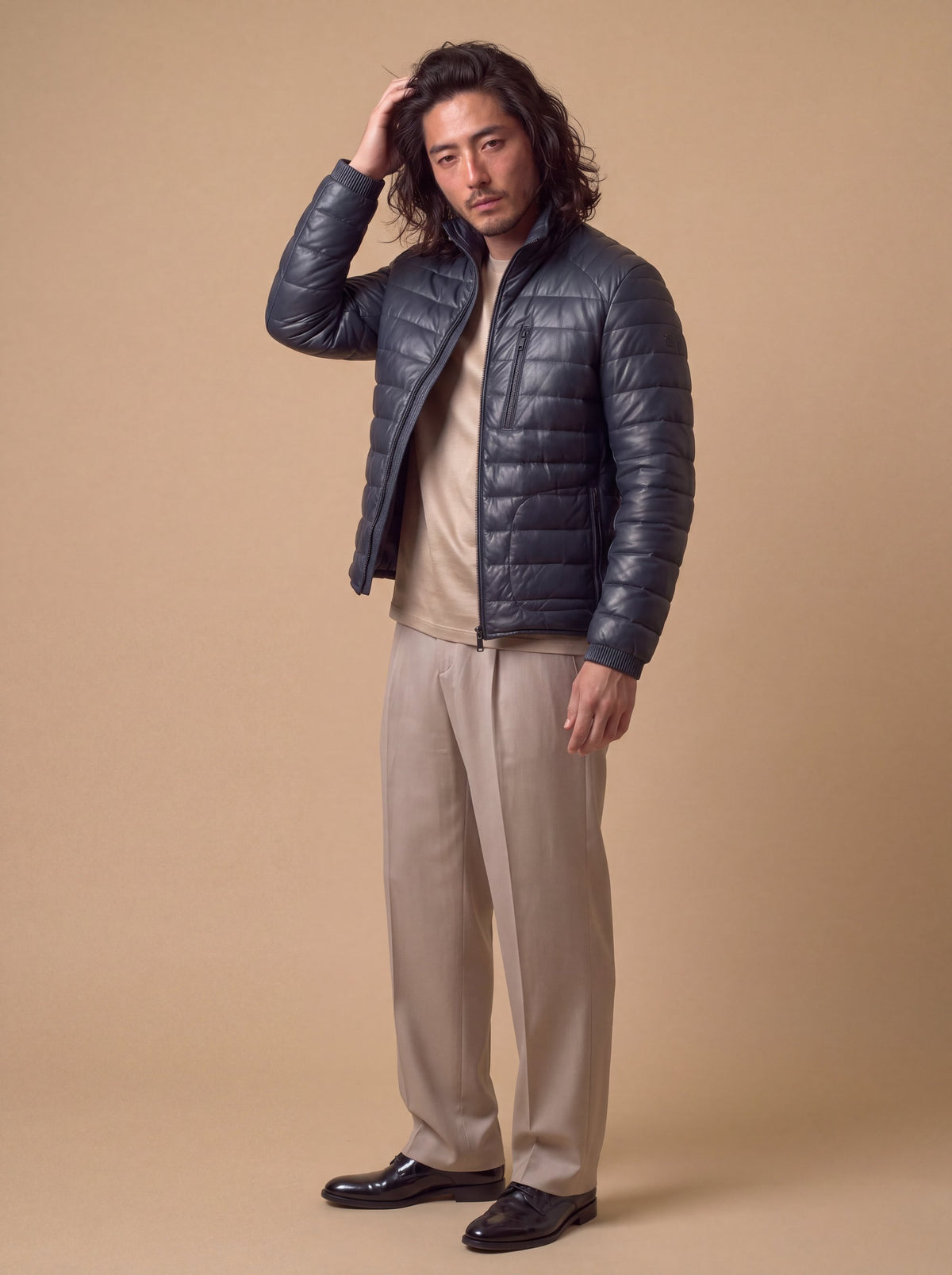 Speedster Men's Down Leather Jacket - Silver Night - View 2