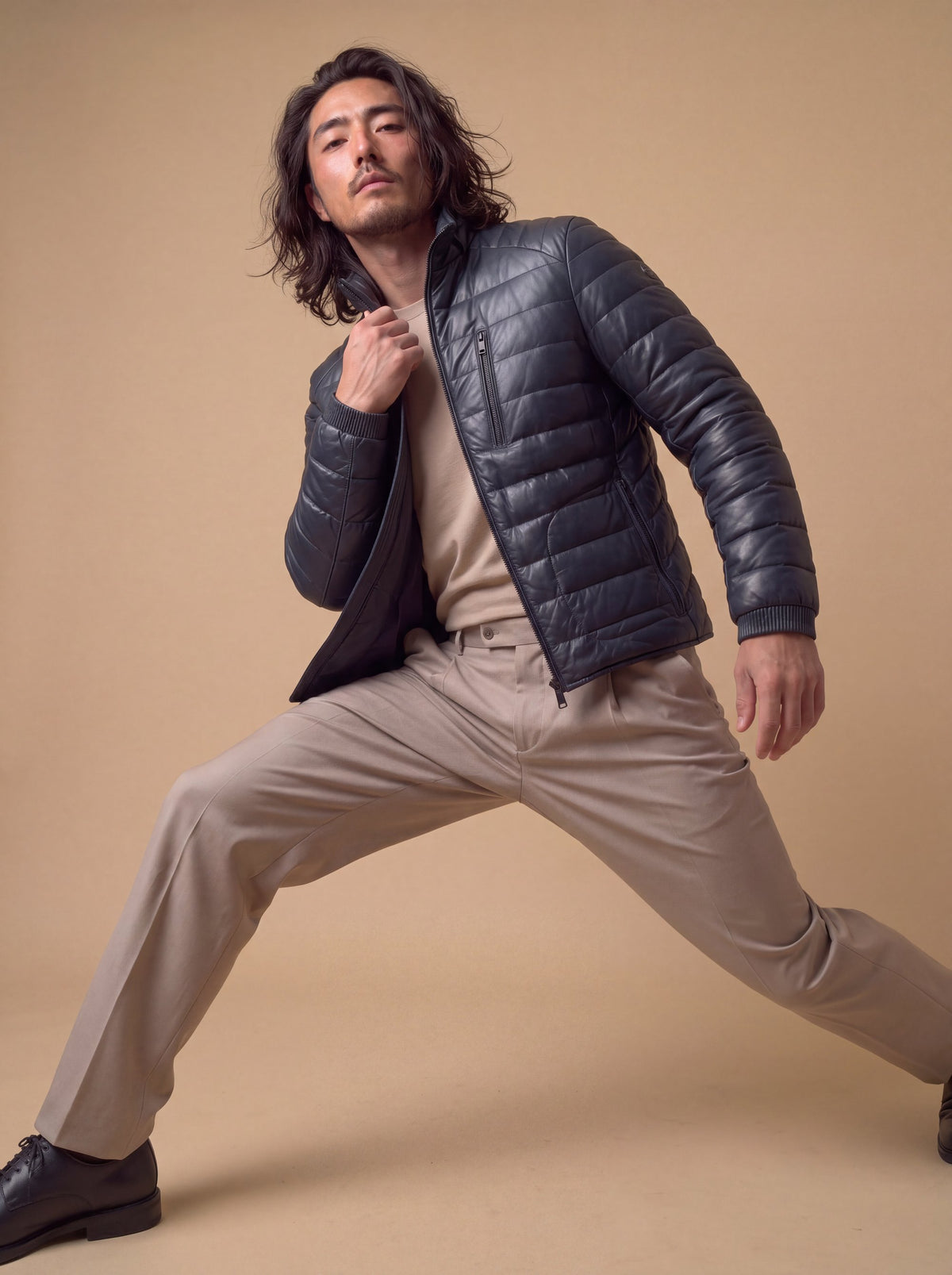 Speedster Men's Down Leather Jacket - Silver Night - View 13
