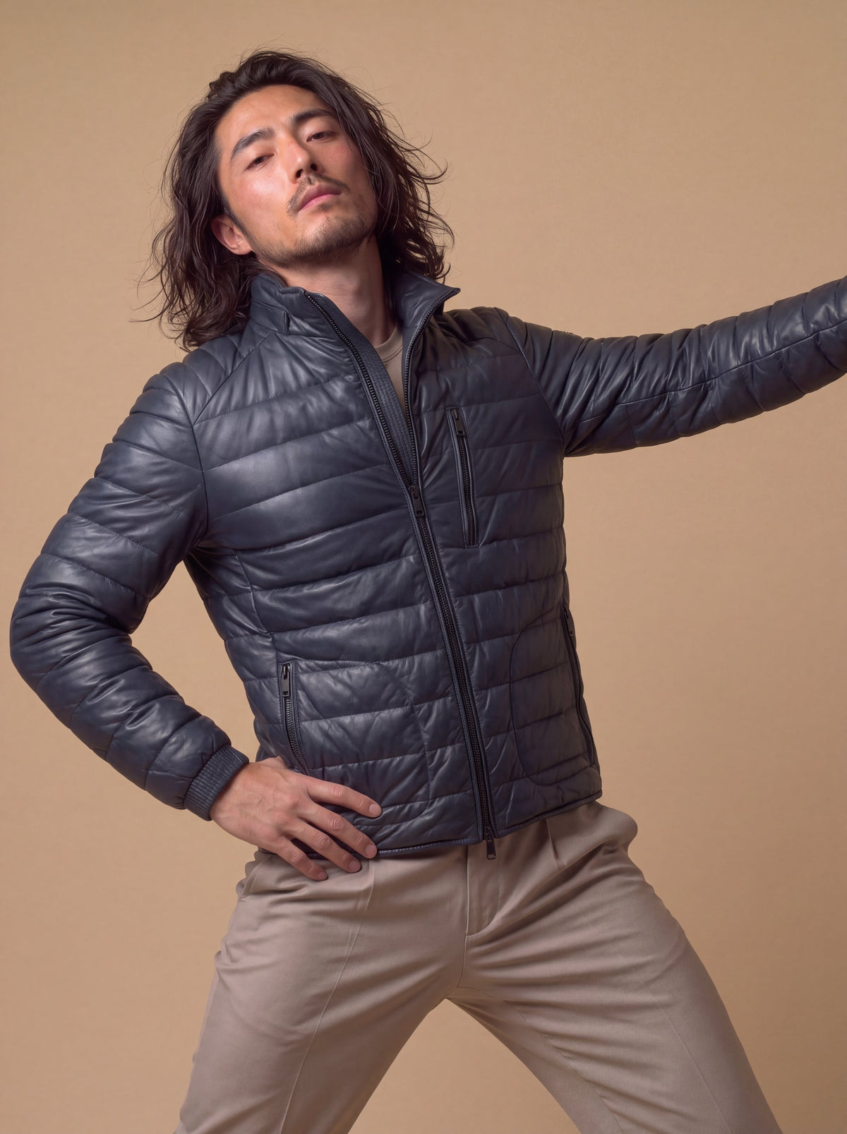 Speedster Men's Down Leather Jacket - Silver Night - View 14
