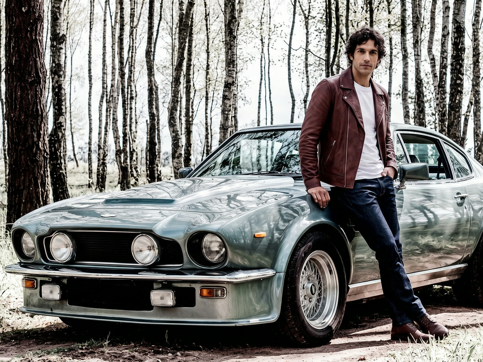 Heinz Bauer convertible leather jacket for men beside a classic Aston Martin