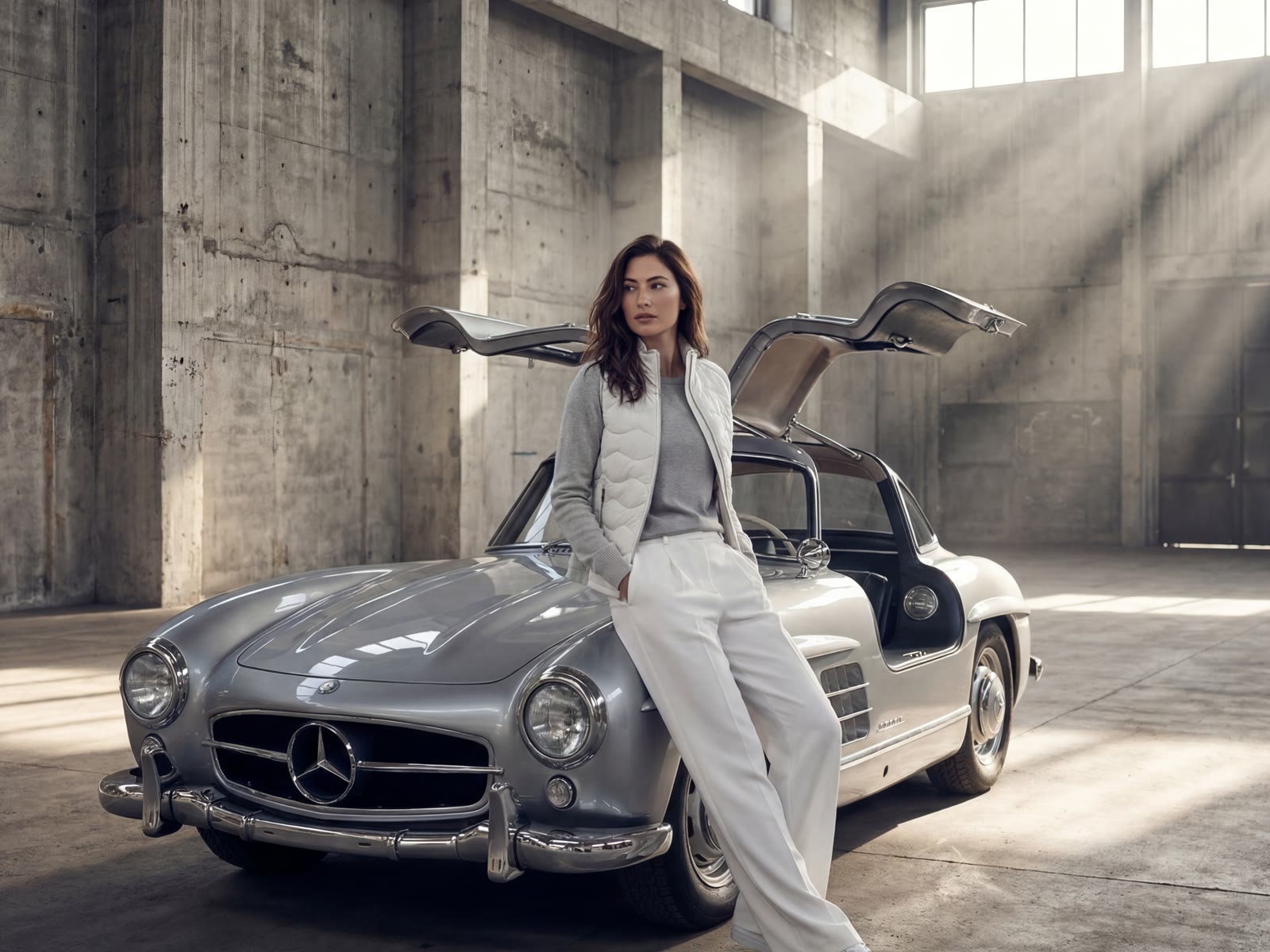 Heinz Bauer convertible leather jacket for women beside a Mercedes 300 SL Gullwing